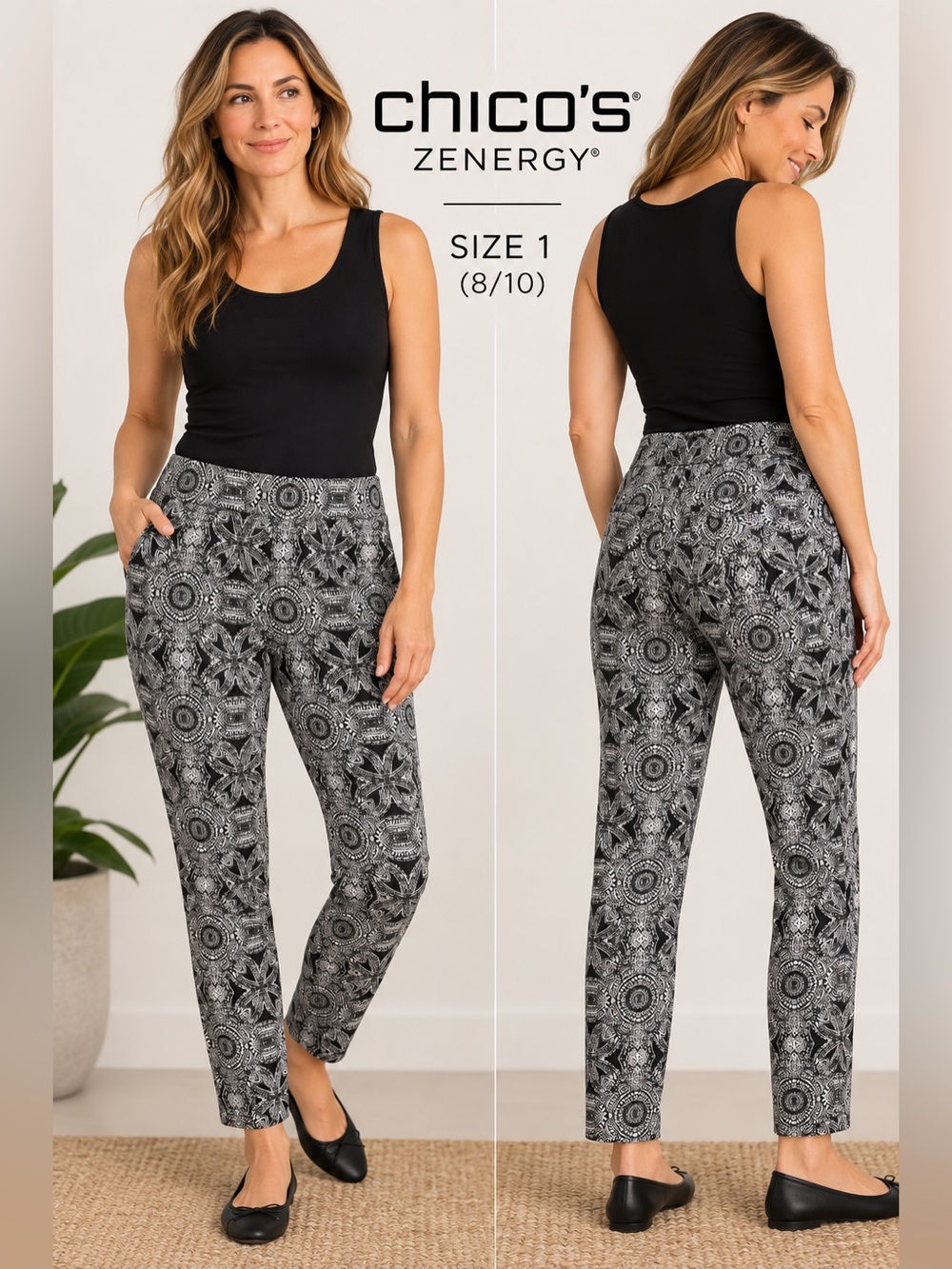 Chico’s Zenergy Black & White Printed Slim Leg Pants Size 1 (8/10)